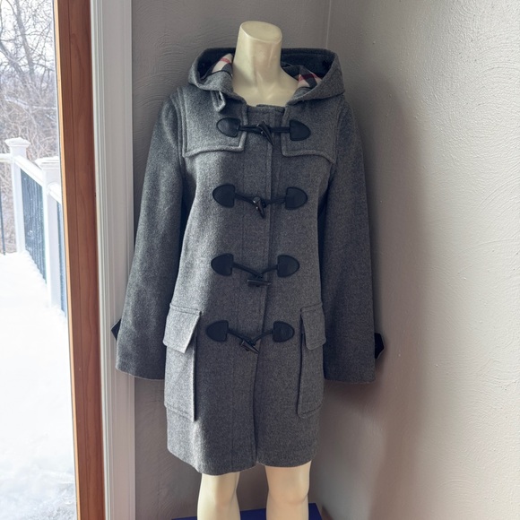 Burberry Brit grey wool duffle coatcheck-lined hood leather toggle closures